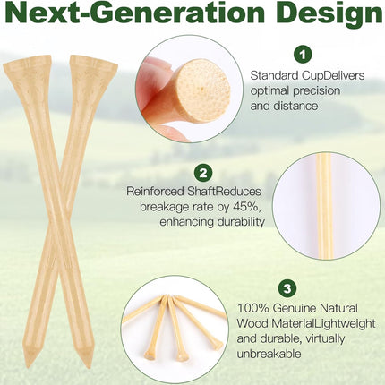 150PCS Wooden Golf Tees – 2 3/4" Biodegradable Bamboo, Natural Color