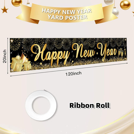 Happy New Year 2026 Outdoor Banner – Black & Gold Yard & Garden Decor