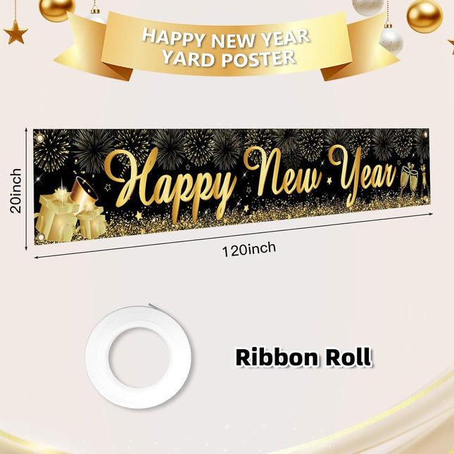 Happy New Year 2026 Outdoor Banner – Black & Gold Yard & Garden Decor