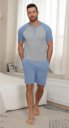 Men’s 2 Piece Henley Pajama Set Lightweight Short Sleeve Sleepwear