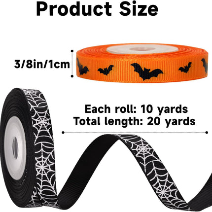 2-Roll Halloween Grosgrain Ribbon 3/8in x 20 Yards, Bat & Spider Web Print