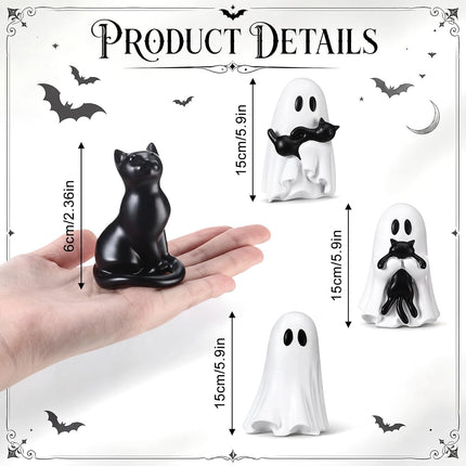 4-Piece 6in Halloween Ghost Cat Figurines, Cute Resin Gothic Tabletop Shelf Decor
