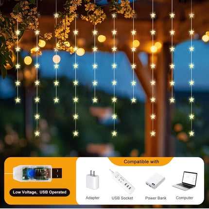 70 Stars Warm White Star Curtain Lights – Window Lights with Remote, Fairy LED Lights