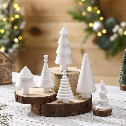 6PCS Mini Wooden Christmas Trees – White Farmhouse DIY Tabletop Decor
