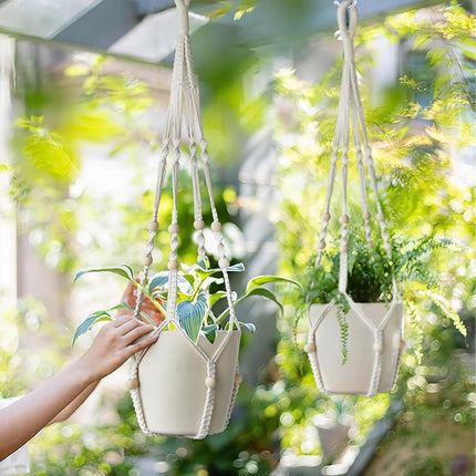 Macrame Plant Hanger Set of 2 35 Inch Indoor Outdoor Boho Decor Ivory