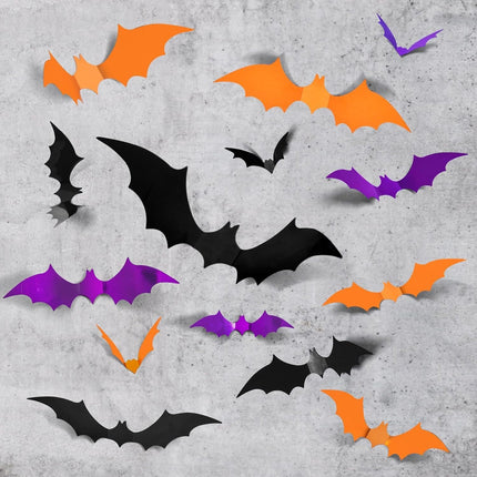 72-Piece 3D Halloween Bat Wall Stickers, 4 Sizes, PVC Indoor Outdoor Decor