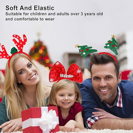 6PCS Christmas Headbands – Reindeer Antlers, Xmas Tree, Snowman & Bow Party Headwear