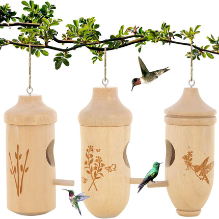 3 Pack Hummingbird Houses – Natural Wood Outdoor Hanging Bird Homes