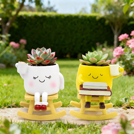 Smiley Face Rocking Chair Planter – Cute Resin Pot with Drainage for Succulents
