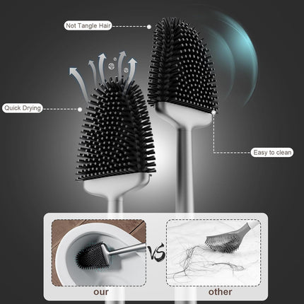 Toilet Brush & Holder Set – Silicone Bristles, Compact Ventilated Base, Silver