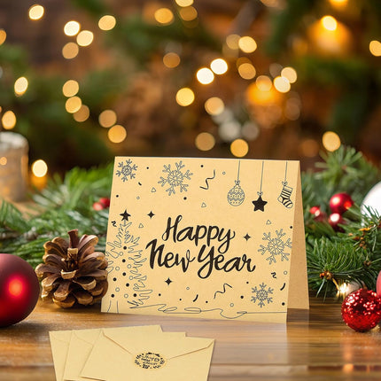 36 PCS Happy New Year Greeting Cards Kraft Note Cards with Envelopes & Stickers