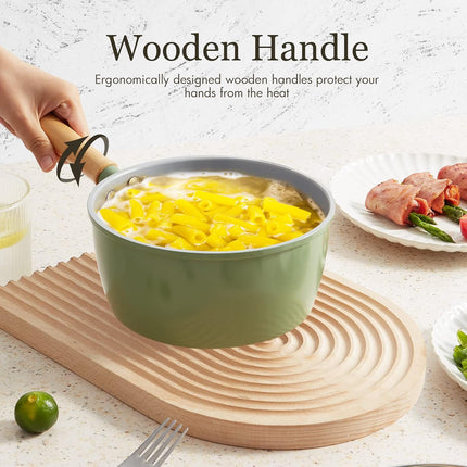 2QT Ceramic Nonstick Saucepan with Lid & Steamer, PFAS-Free, Induction Safe