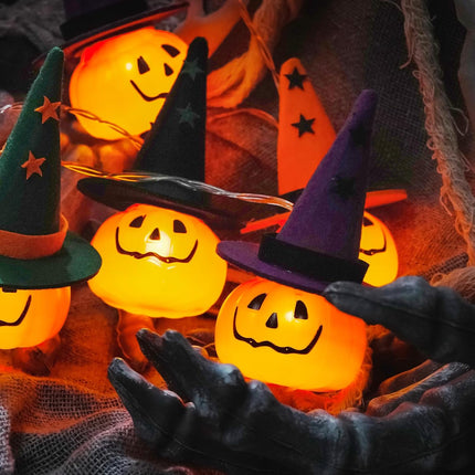 4.9FT 10LED Halloween String Lights, Pumpkin Witch Hat, Orange Purple Black Green