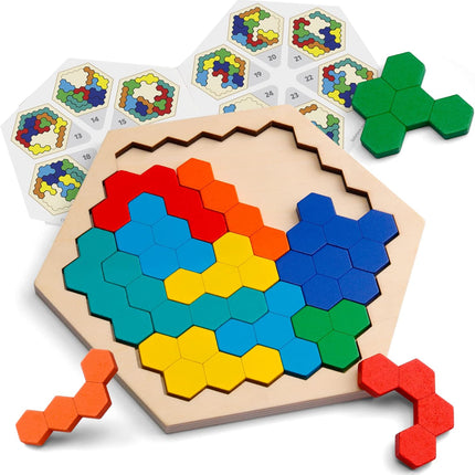 Wooden Hexagon Tangram Puzzle STEM Brain Teaser Game for Kids & Adults