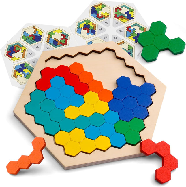 Wooden Hexagon Tangram Puzzle STEM Brain Teaser Game for Kids & Adults
