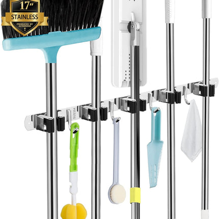 5 Racks & 4 Hooks Mop Broom Holder – Stainless Steel Wall Mount Organizer