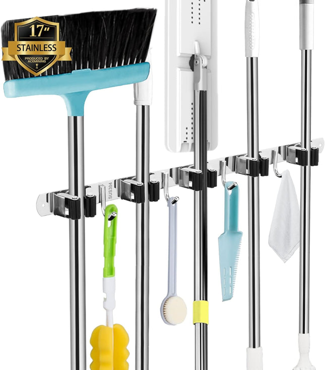 5 Racks & 4 Hooks Mop Broom Holder – Stainless Steel Wall Mount Organizer