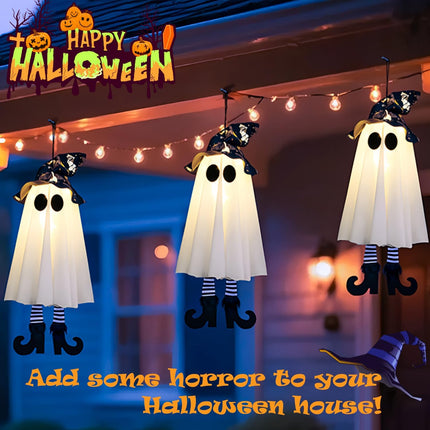 3-Piece Halloween Hanging Ghosts with Witch Hat Lights, Glowing Yard & Garden Decor