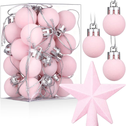 25PCS Mini Velvet Christmas Balls – 0.79" Pink Flocked Tree Ornaments