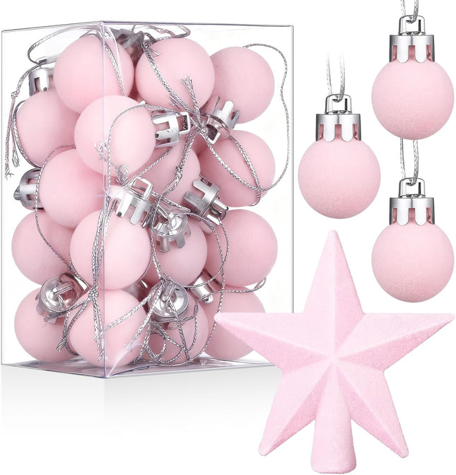 25PCS Mini Velvet Christmas Balls – 0.79" Pink Flocked Tree Ornaments