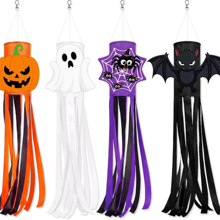 4-Piece Halloween Windsocks, Ghost Pumpkin Spider Bat Hanging Porch & Yard Decor