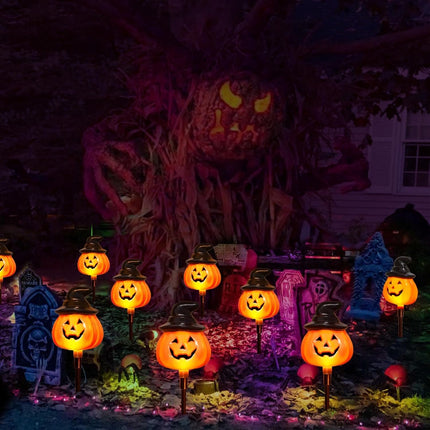 6-Pack Solar Jack-O-Lantern Stake Lights, Orange Halloween Pathway Yard Decor
