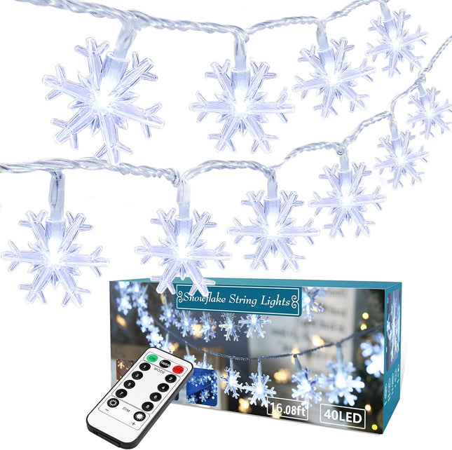 White Snowflake Christmas String Lights – 16ft 40 LED Battery Operated