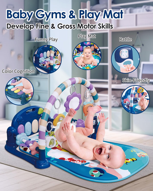 Baby Play Mat Gym Blue Tiger Kick Play Piano Tummy Time Sensory Toys Music Lights