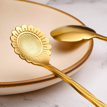 8-Piece Flower Tea & Coffee Spoons – Stainless Steel, Gold, Fancy Patterns