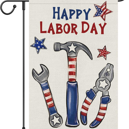 Happy Labor Day Garden Flag 12x18 Double Sided Burlap Stars & Tools Flag Only