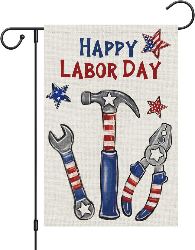 Happy Labor Day Garden Flag 12x18 Double Sided Burlap Stars & Tools Flag Only