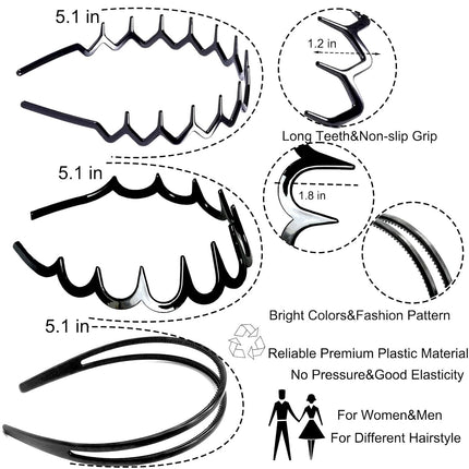 6PCS Zig Zag Headbands, Black Plastic Comb Hair Hoops Women & Men, Premium Hair Accessories