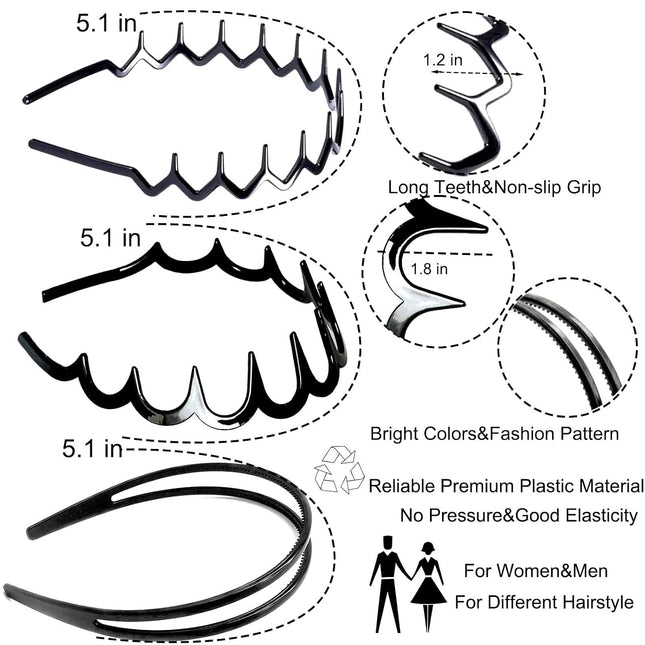 6PCS Zig Zag Headbands, Black Plastic Comb Hair Hoops Women & Men, Premium Hair Accessories