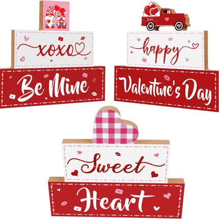 3 PCS Valentine’s Day Wooden Sign Decor: Happy Valentine’s XOXO & Be Mine Tabletop
