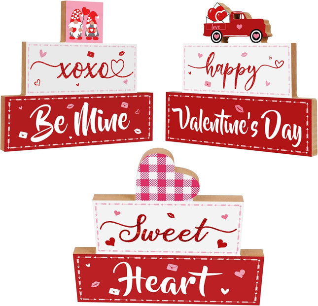 3 PCS Valentine’s Day Wooden Sign Decor: Happy Valentine’s XOXO & Be Mine Tabletop