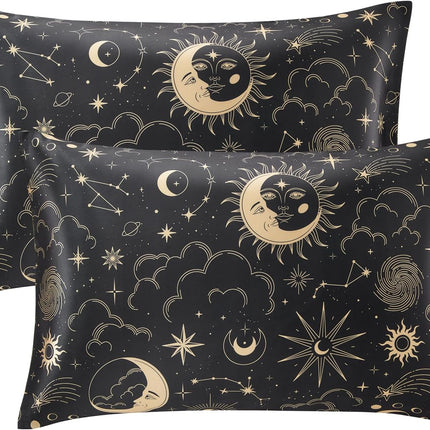 2-Pack Black Satin Pillowcases 20x26, Silk-Like Hair & Skin Pillow Covers, Standard