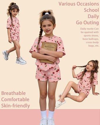 Girls Summer 2 Piece Outfit Set Short Sleeve T-Shirt & Shorts Clothes for Kids 4-13 Years
