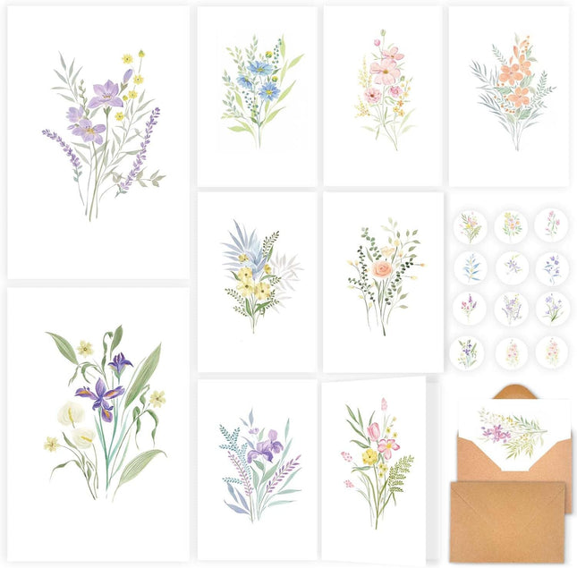 24 Pack Blank Floral Greeting Cards with Envelopes and Stickers, 4x6 Inch Watercolor Set