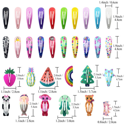 100PCS Snap Hair Barrettes for Girls, Colorful 2" Metal Clips, Non-Slip Animal & Star Pins