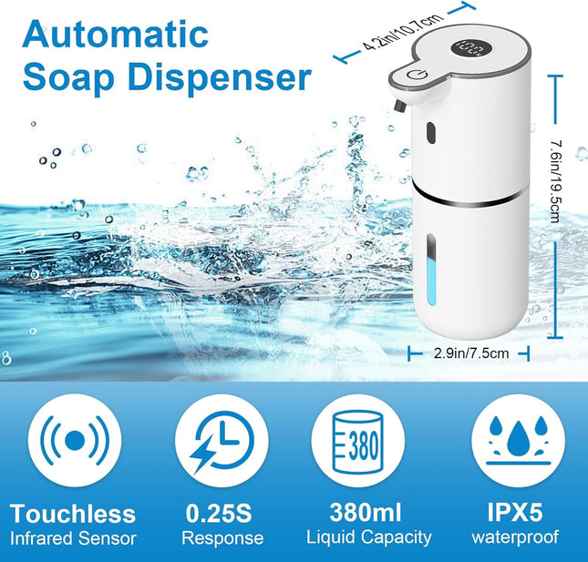 Touchless Automatic Soap Dispenser – USB Rechargeable, 6-Level, 380mL White