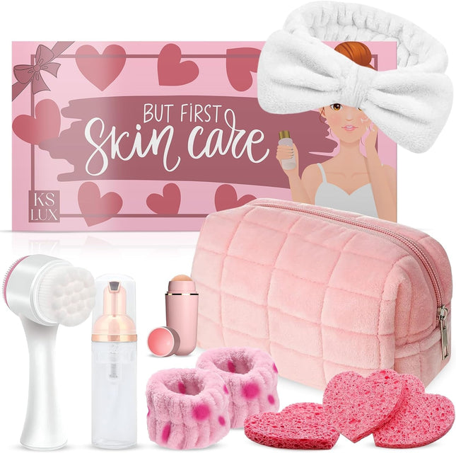 Pink Skincare Tools Set for Teens, Facial Cleansing Accessories & Face Washing Kit