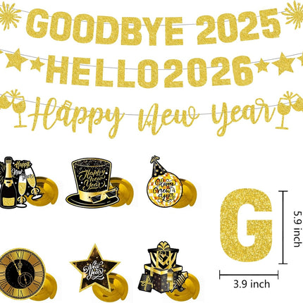 Happy New Year Banner Goodbye 2025 Hello 2026 Gold Glitter Party Decor