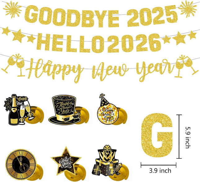 Happy New Year Banner Goodbye 2025 Hello 2026 Gold Glitter Party Decor
