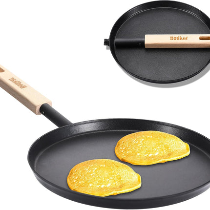 8" Pre-Seasoned Cast Iron Skillet, Flat Griddle Pan with Wooden Handle for Cooking
