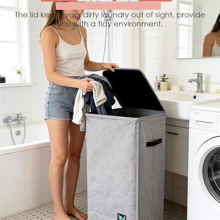 100L Laundry Hamper with Lid, Collapsible Clothes Basket, Removable Liner, Grey