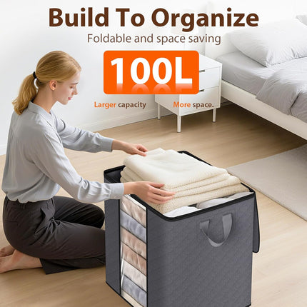 3 Pack 100L Foldable Clothes Storage Bags, Grey, Clear Window, Reinforced Handles