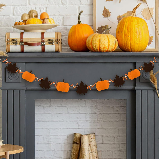 8.2ft Rustic Fall Garland – Felt Pumpkins, Maple Leaves & Wood Beads for Home Decor
