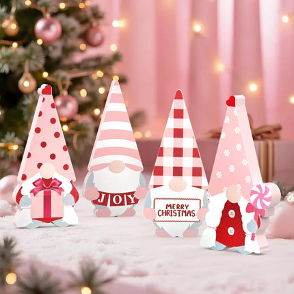 4PCS Pink Wooden Christmas Gnomes – Cute Tabletop Holiday Decorations