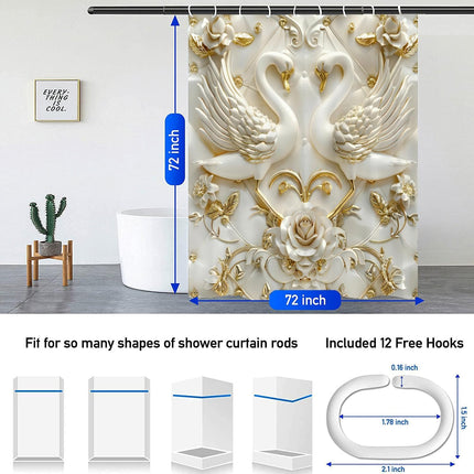 4 Pc White Swan Rose Bathroom Set, Shower Curtain, Bath Mat, Toilet Cover & Hooks