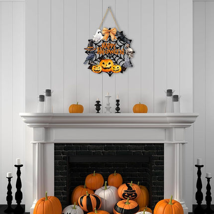 Halloween Wooden Wreath Welcome Sign, Spider Web Ghost Cat Pumpkin Front Door Decor